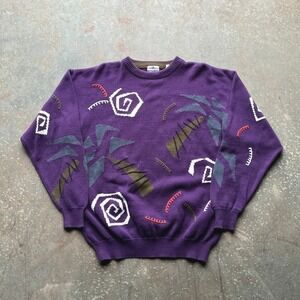 VTG 80s Neiman Marcus Wool Mens Purple Palm Tree 3D Abstract Knit Sweater XL